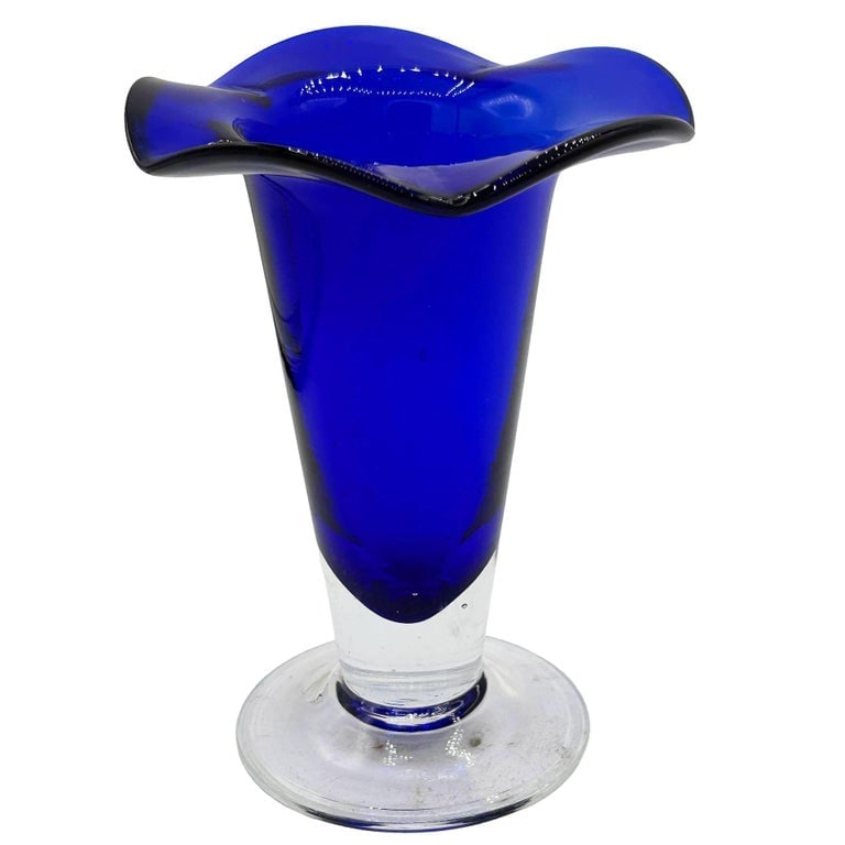 9? Tall Dark Cobalt Blue Art Glass Hand-blown Vase w/ Ruffle Top - 3
