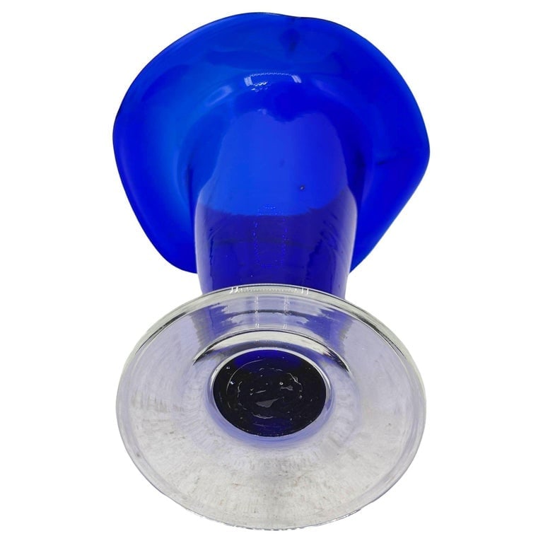 9? Tall Dark Cobalt Blue Art Glass Hand-blown Vase w/ Ruffle Top - 4