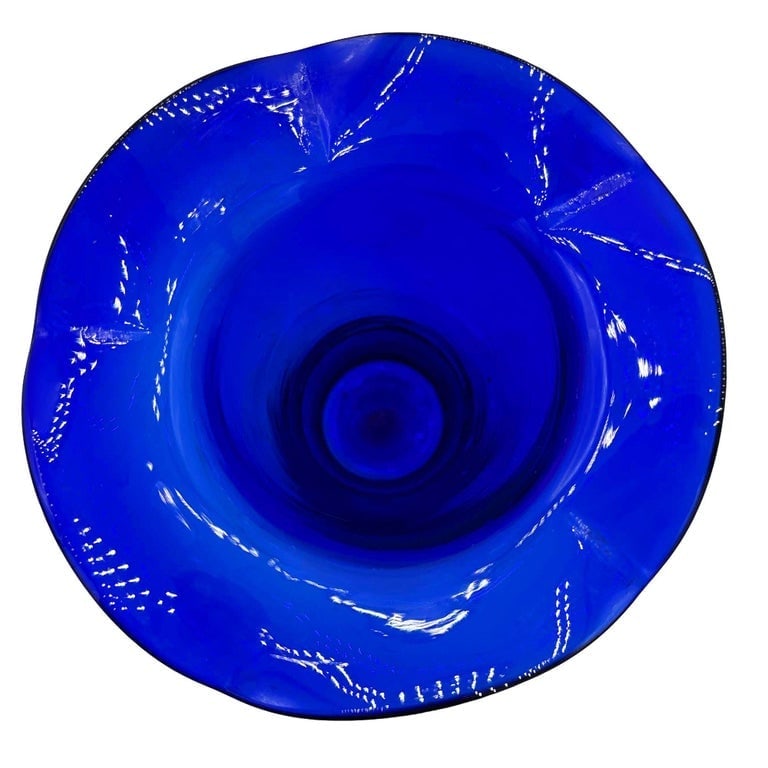 9? Tall Dark Cobalt Blue Art Glass Hand-blown Vase w/ Ruffle Top - 5