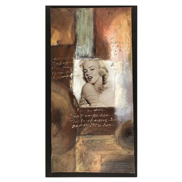 Post-Modern Marylin Monroe Mixed Media Painting: Post-modern artwork featuring a mixed media painting of Marilyn Monroe, with a center picture of Marilyn Monroe against a combination of abstract rust and bronze tones, set against a gold-painted