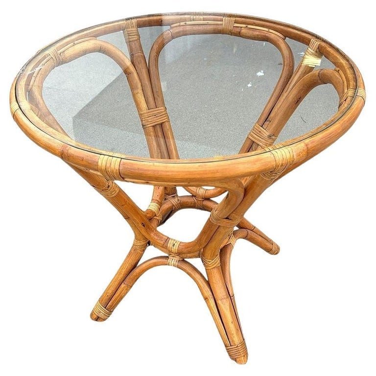 Restored MCM Modernist Rattan Hourglass Round End Table w/ Glass Top (1 of 6)