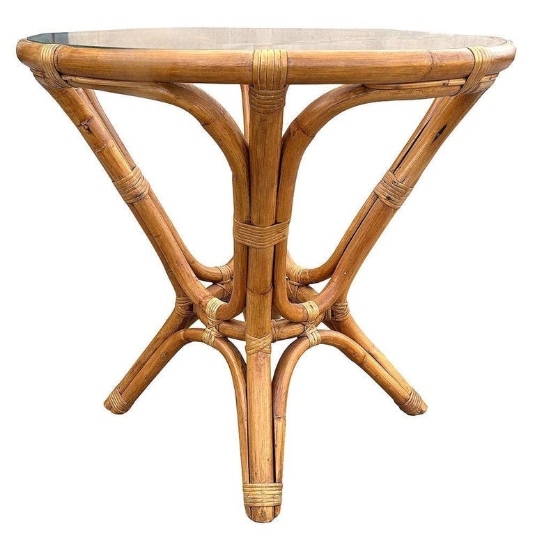 Restored MCM Modernist Rattan Hourglass Round End Table w/ Glass Top - 2