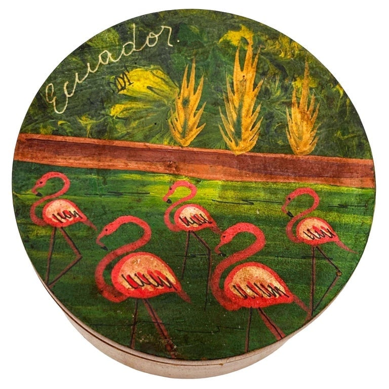 Hand-Painted Flamingo Scenic "Ecuador" Hardwood Trinket Box - 2