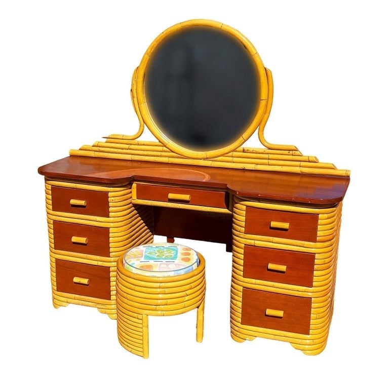 Restored Art Deco Frankl Style Stacked Rattan Vanity w/ Round Mirror and Stool - 2