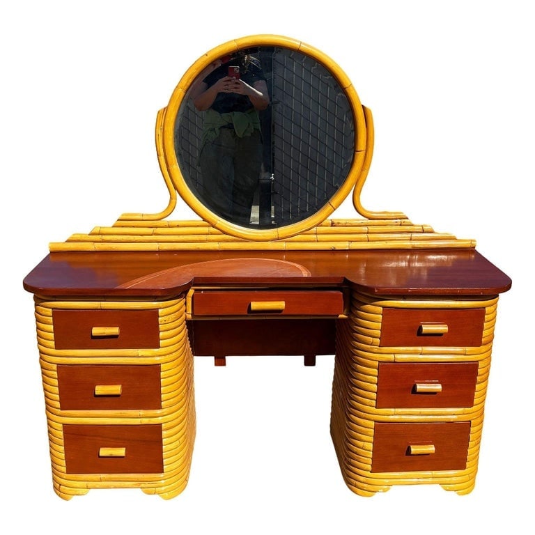 Restored Art Deco Frankl Style Stacked Rattan Vanity w/ Round Mirror and Stool - 3