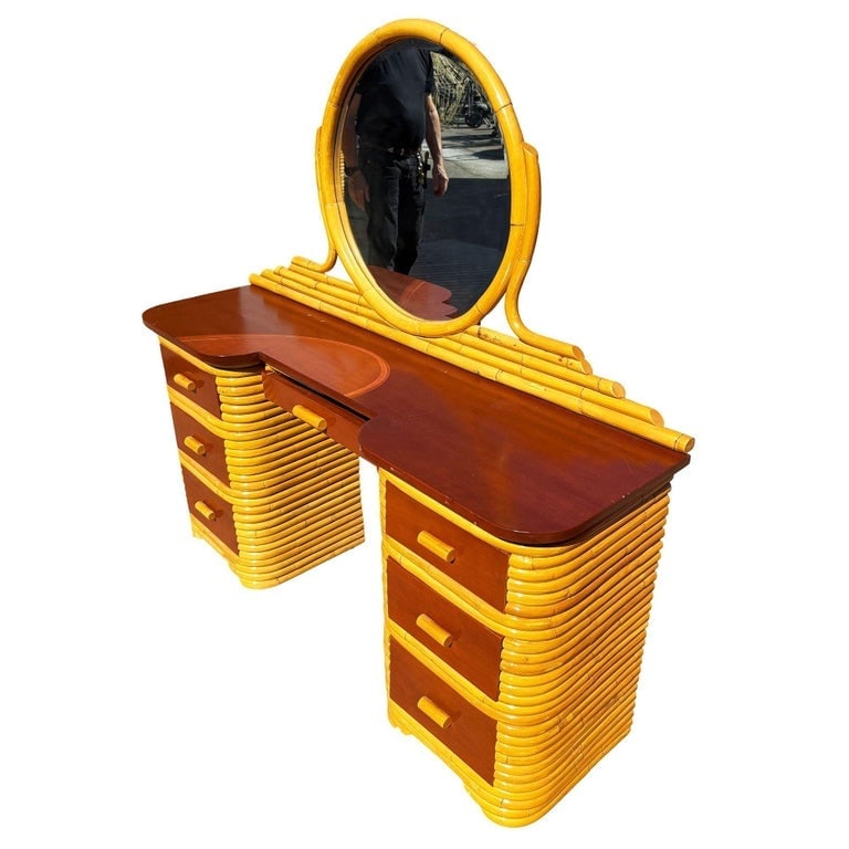 Restored Art Deco Frankl Style Stacked Rattan Vanity w/ Round Mirror and Stool - 5