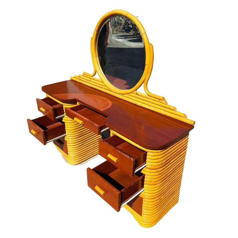 Restored Art Deco Frankl Style Stacked Rattan Vanity w/ Round Mirror and Stool - 6