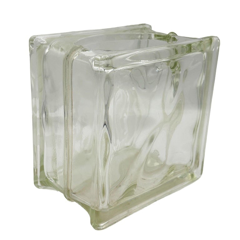 1970 Brutalist Postmodern Glass Block Table Vase w/ Acid Etched Hibiscus - 2