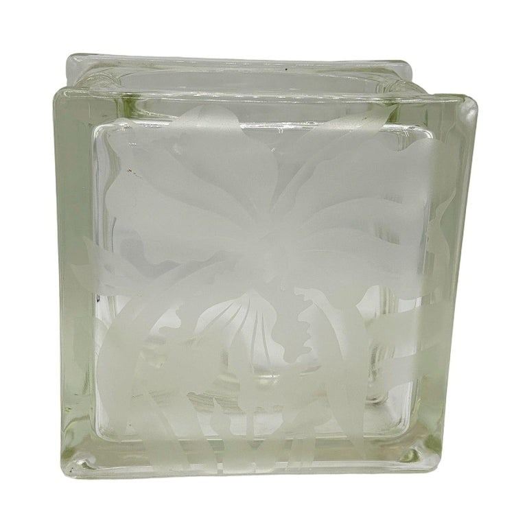 1970 Brutalist Postmodern Glass Block Table Vase w/ Acid Etched Hibiscus - 3