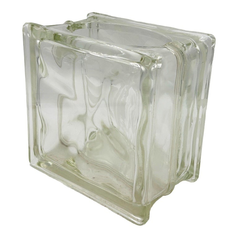 1970 Brutalist Postmodern Glass Block Table Vase w/ Acid Etched Hibiscus - 4