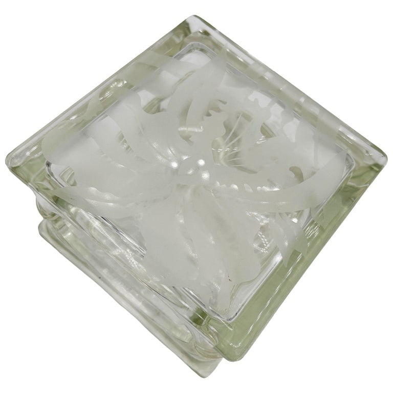 1970 Brutalist Postmodern Glass Block Table Vase w/ Acid Etched Hibiscus - 5