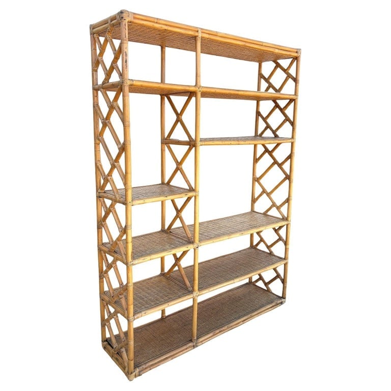Restored Mid-century Rattan Ten-Tier Display Shelf Wall Etagere Unit w/ Cabinet (1 of 6)