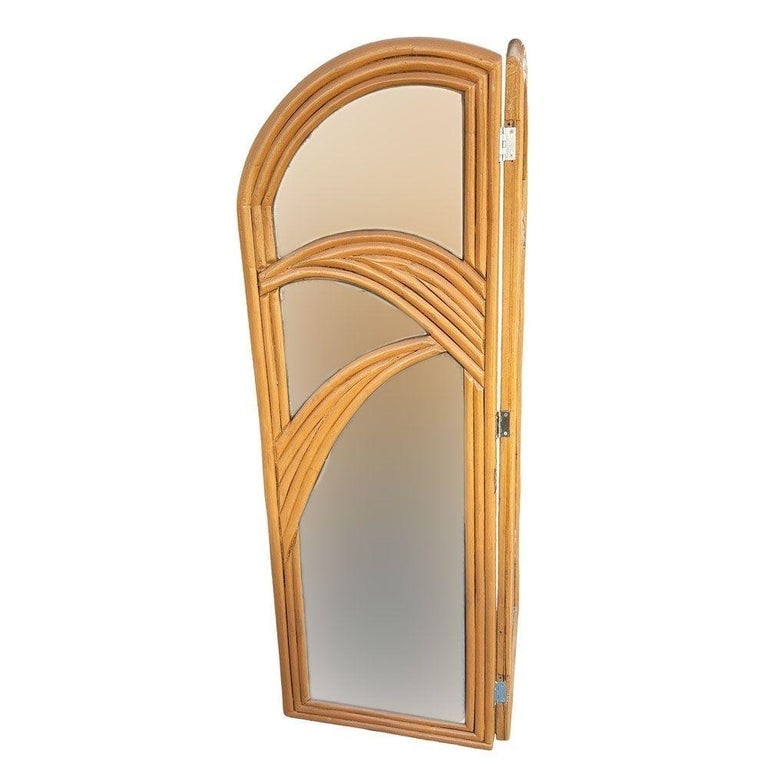 Restored Art Deco Palm Frond Design Rattan Mirror Folding Screen - 2