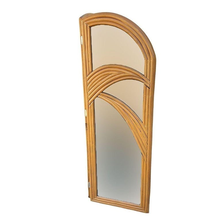 Restored Art Deco Palm Frond Design Rattan Mirror Folding Screen - 3