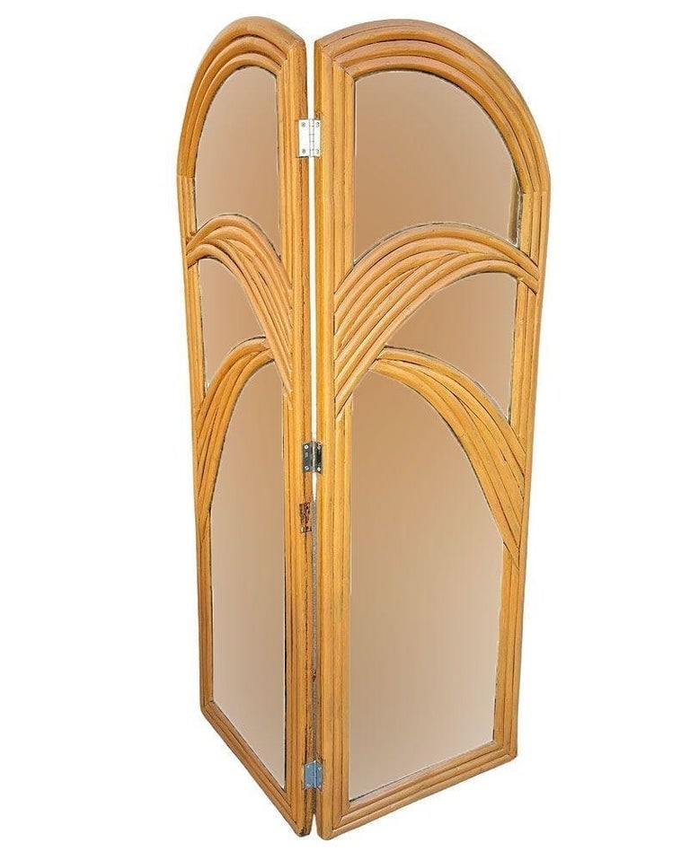 Restored Art Deco Palm Frond Design Rattan Mirror Folding Screen - 4