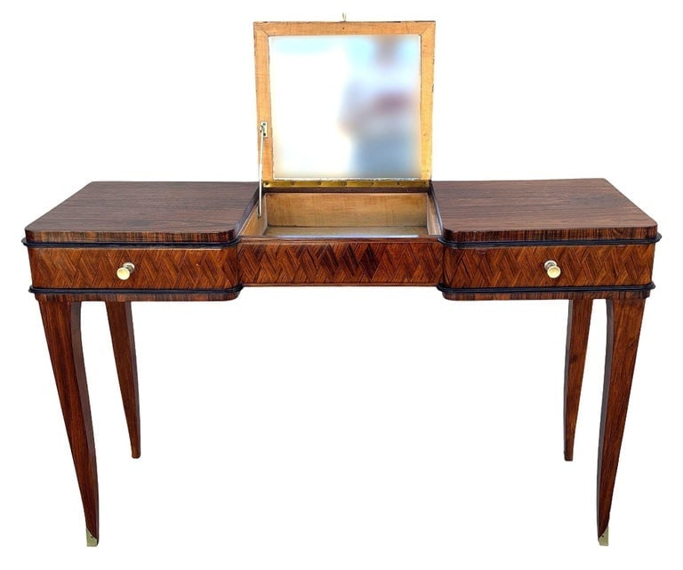 French Art Deco Flip Top Madagascar Rosewood and Brass Dressing Table Vanity - 2