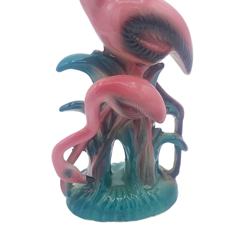 Mid-century Mother and Daughter Pink Flamingo Ceramic Tabletop Statue By Leftons - 4