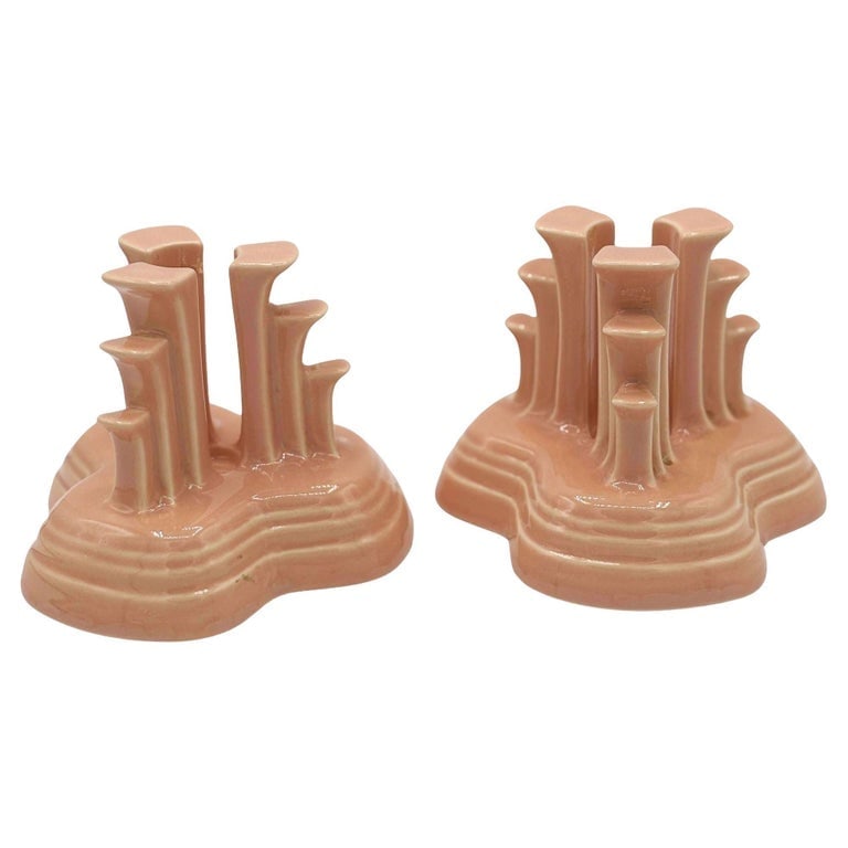 Art Deco Apricot Peach Tripod Pyramid Candleholder by Fiesta Ware, Pair (1 of 10)