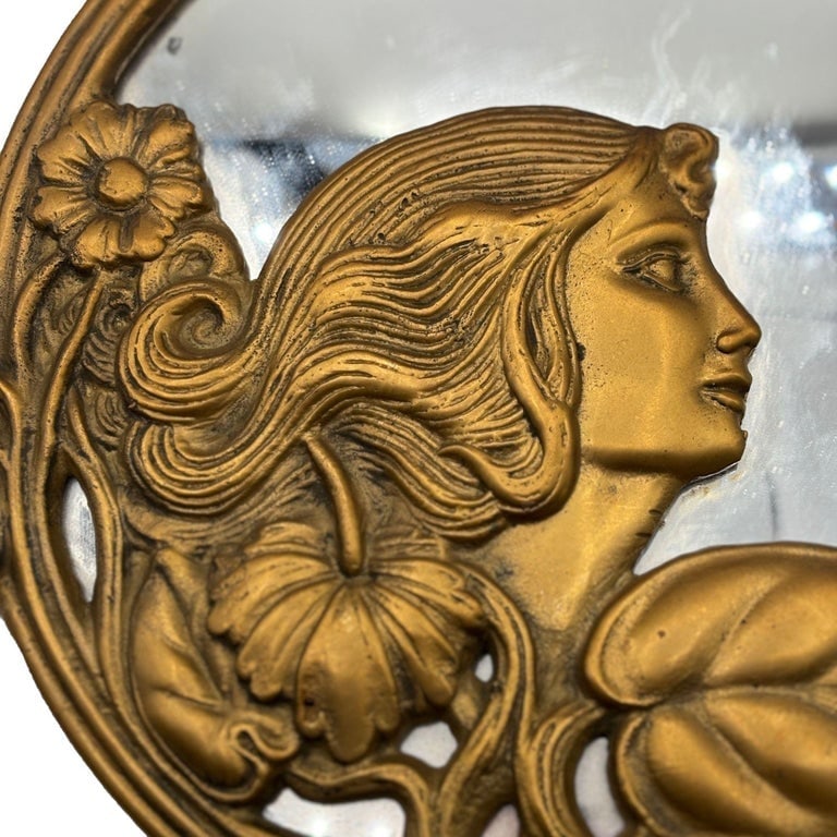 Cast Brass Art Nouveau Round Wall Mirror with Ivy Lady Portrait - 4