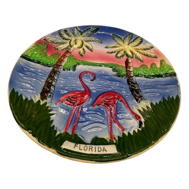 Mid-century Pottery Florida Beach Pink Flamingo Round Decrotive Wall Plate - 2