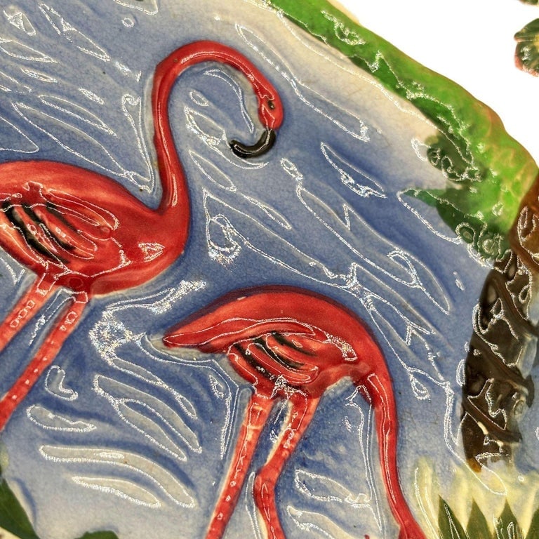 Mid-century Pottery Florida Beach Pink Flamingo Round Decrotive Wall Plate - 4