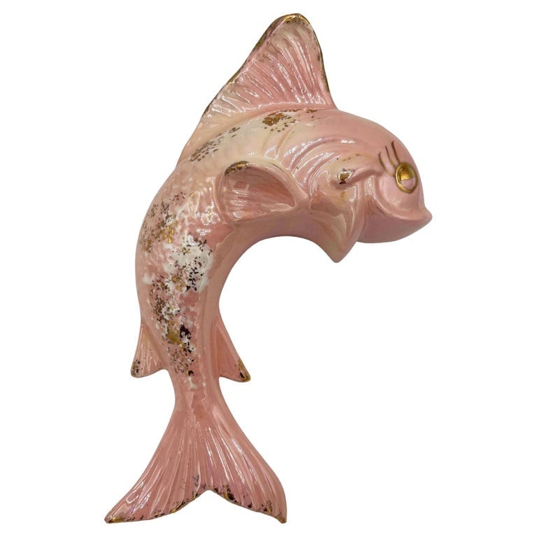 Rare Mid-century California Ceramic Pink and Gold Angel Fish Flower Wall Vase: Mid-century pink and green California pottery angel fish wall vase. The wall vase features a beautifully detailed pink angel fish with black and gold details and an opening along the top for flowers o