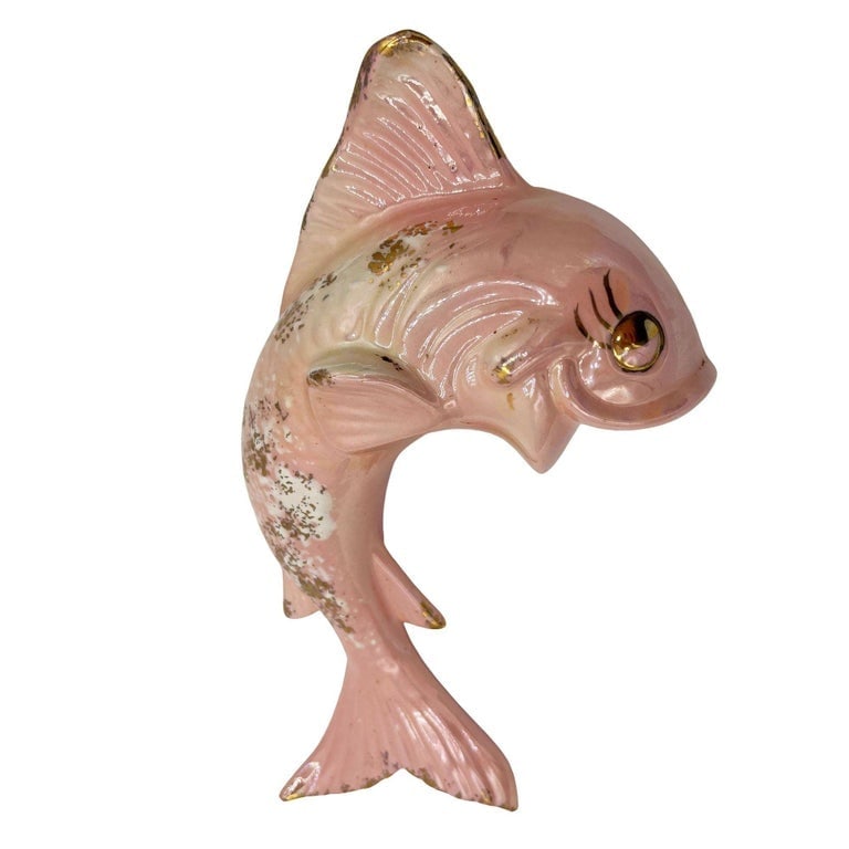 Rare Mid-century California Ceramic Pink and Gold Angel Fish Flower Wall Vase - 2