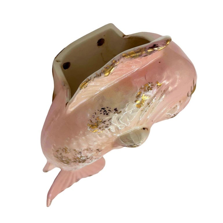 Rare Mid-century California Ceramic Pink and Gold Angel Fish Flower Wall Vase - 3