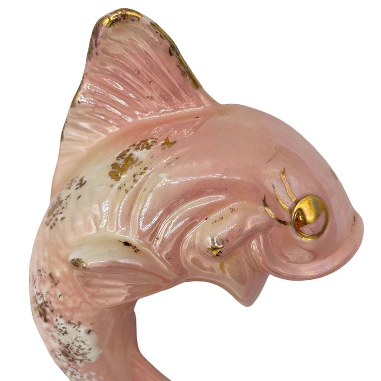 Rare Mid-century California Ceramic Pink and Gold Angel Fish Flower Wall Vase - 4