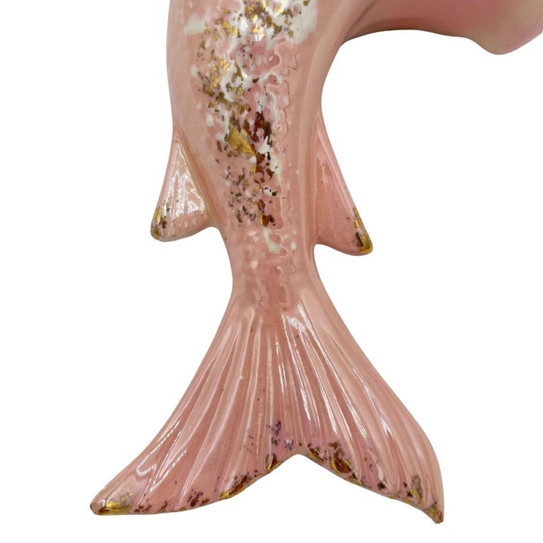 Rare Mid-century California Ceramic Pink and Gold Angel Fish Flower Wall Vase - 5