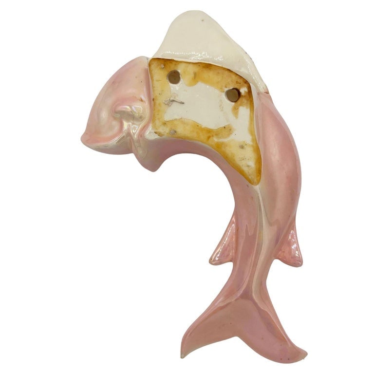 Rare Mid-century California Ceramic Pink and Gold Angel Fish Flower Wall Vase - 6