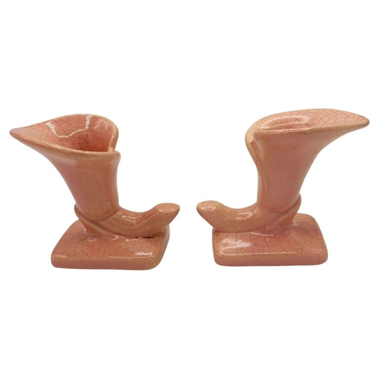 Mid-century Modern Pink Calla Lilly Horn Shaped Ceramic Vase, Pair (1 of 8)