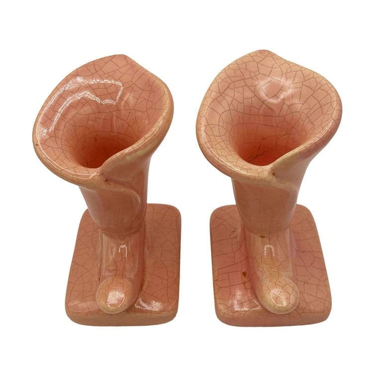 Mid-century Modern Pink Calla Lilly Horn Shaped Ceramic Vase, Pair - 2