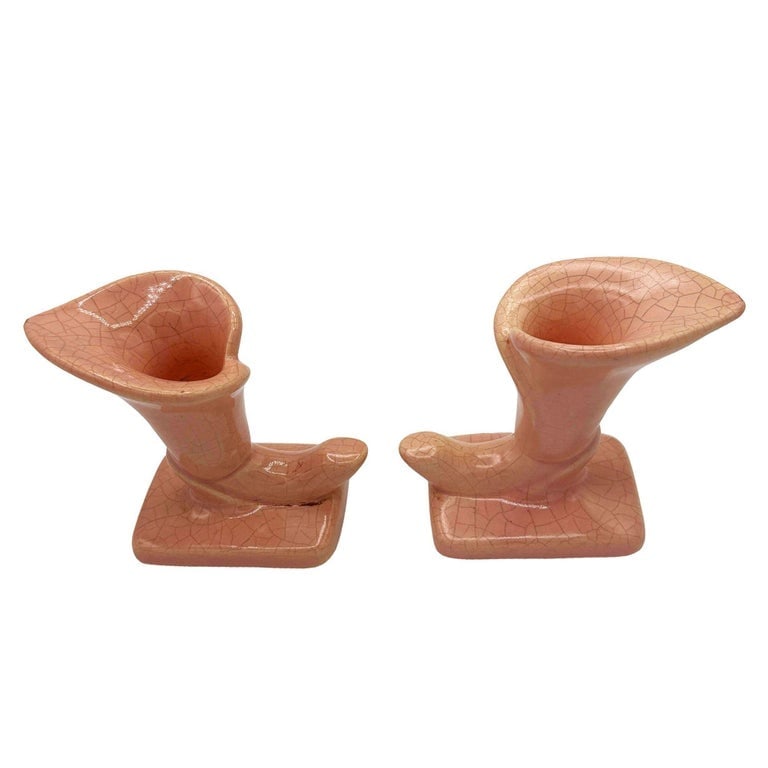 Mid-century Modern Pink Calla Lilly Horn Shaped Ceramic Vase, Pair - 3