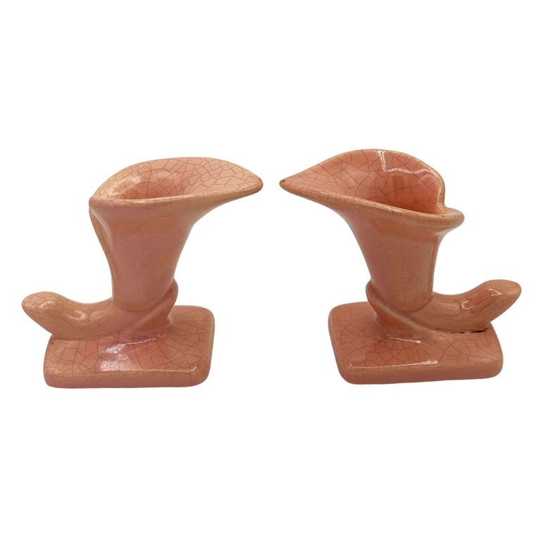 Mid-century Modern Pink Calla Lilly Horn Shaped Ceramic Vase, Pair - 5