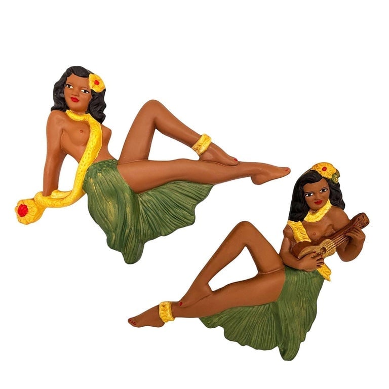Hawaiian Art Pottery Figure Pin-up Yellow Hula Girl Wall Sculpture, Pair - 2