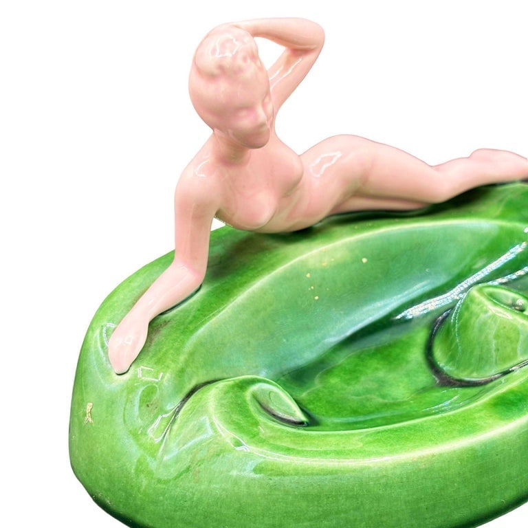 Mid-century Pink and Green Figure Lounging Female Ceramic Ashtray Ceramic Ashtray - 2