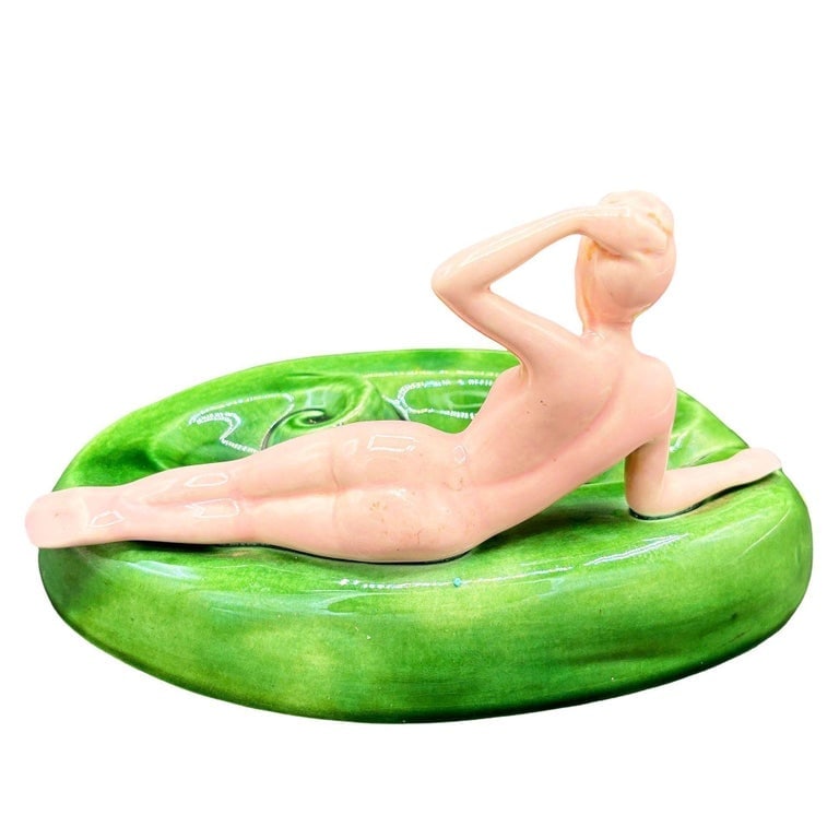 Mid-century Pink and Green Figure Lounging Female Ceramic Ashtray Ceramic Ashtray - 3