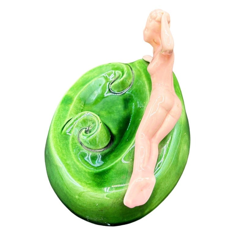 Mid-century Pink and Green Figure Lounging Female Ceramic Ashtray Ceramic Ashtray - 4