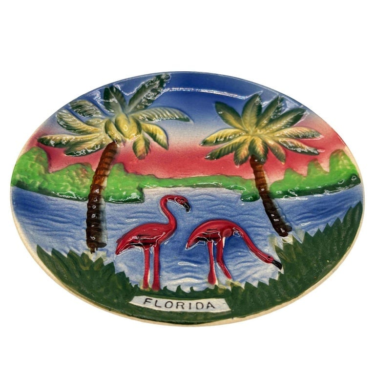 Mid-century Pottery Florida Sunset Flamingo Round Decrotive Wall Plate - 2