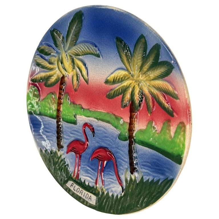 Mid-century Pottery Florida Sunset Flamingo Round Decrotive Wall Plate - 3