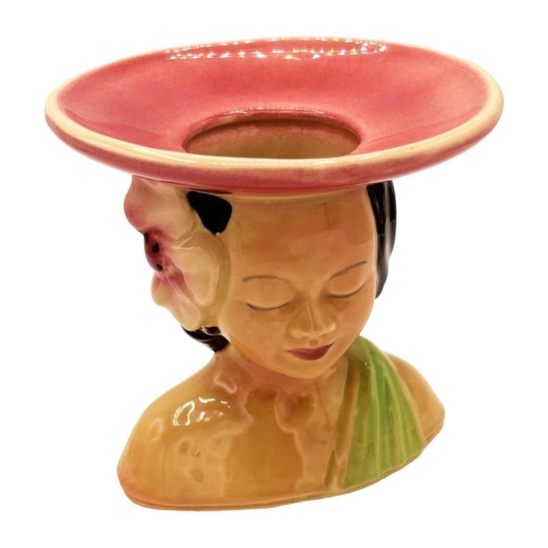 MCM Shawnee Pottery 896 Hawaiian Hula Girl Polynesian Pink Plant Bust Vase - 2