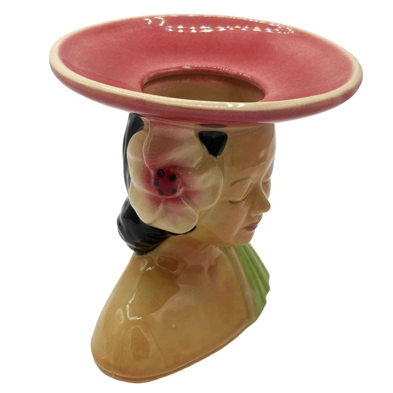 MCM Shawnee Pottery 896 Hawaiian Hula Girl Polynesian Pink Plant Bust Vase - 3