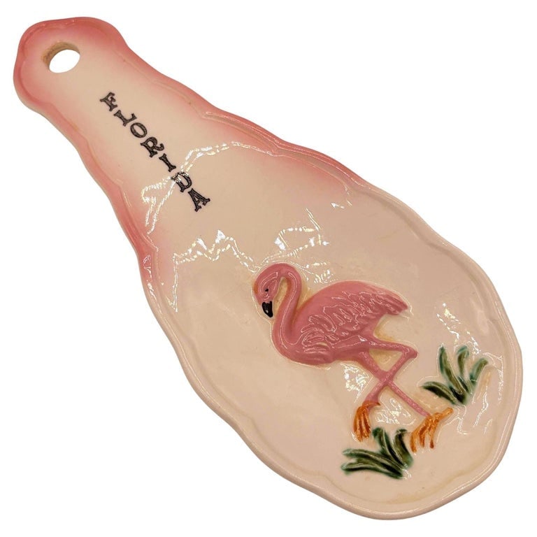 Mid-century Hand Painted 3d Flamingo Florida Tropical Beach Themed Spoon Rest (1 of 4)