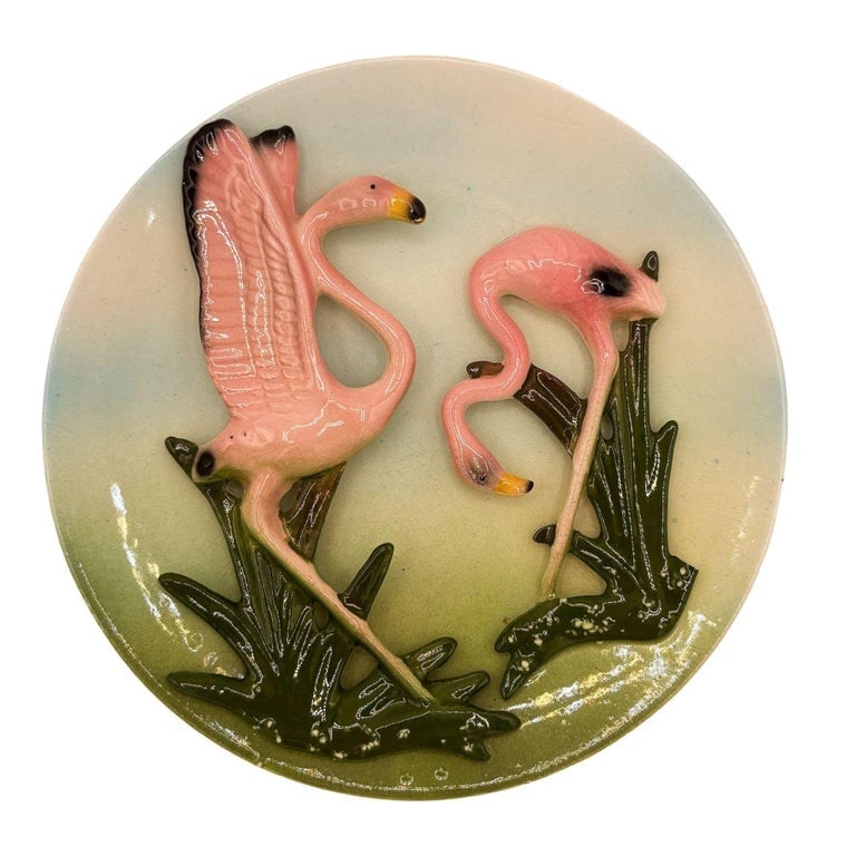 Rare Mid-century California Pottery Flamingo 3d Sculptural Round Wall Plate - 2