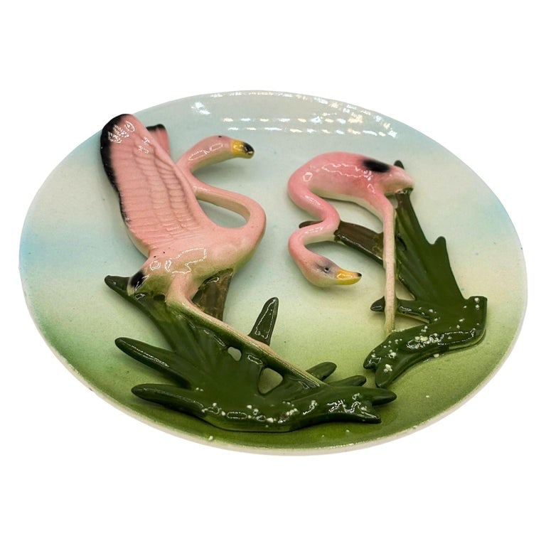 Rare Mid-century California Pottery Flamingo 3d Sculptural Round Wall Plate - 3