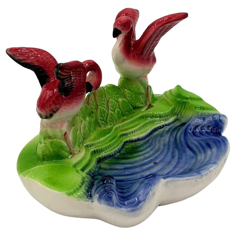 Mid-century Hand Painted Pink Flamingo couple in Pound Ceramic Scenic Sculpture (1 of 6)