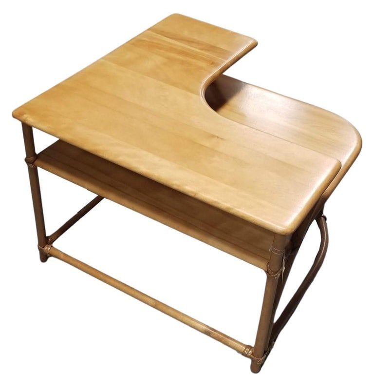 Restored MCM Maple and Faux Rattan "L" Shaped Corner Table by Heywood Wakefield - 2