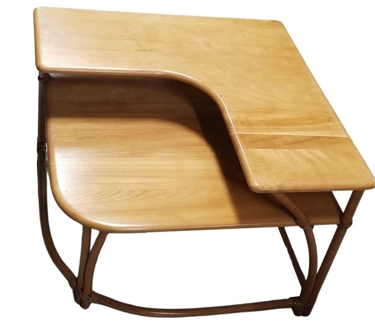 Restored MCM Maple and Faux Rattan "L" Shaped Corner Table by Heywood Wakefield - 3