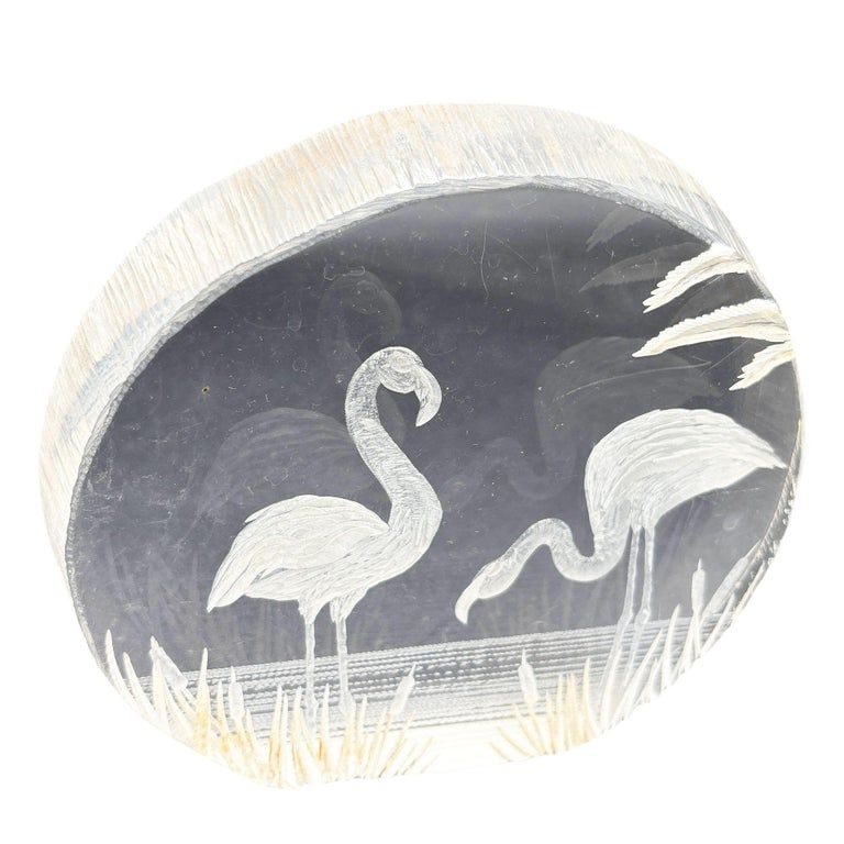 Modern Flamingos In Water Round Reverse Carved Lucite Paperweight Sculpture - 2